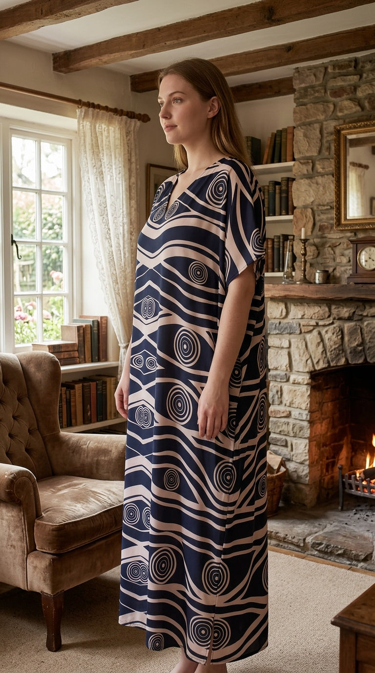 Black Abstract Polyester Women Plus Size Kaftan Lounge Dress