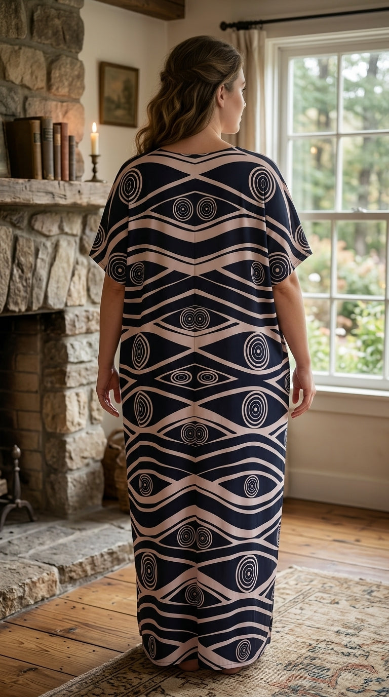 Black Abstract Polyester Women Plus Size Kaftan Lounge Dress