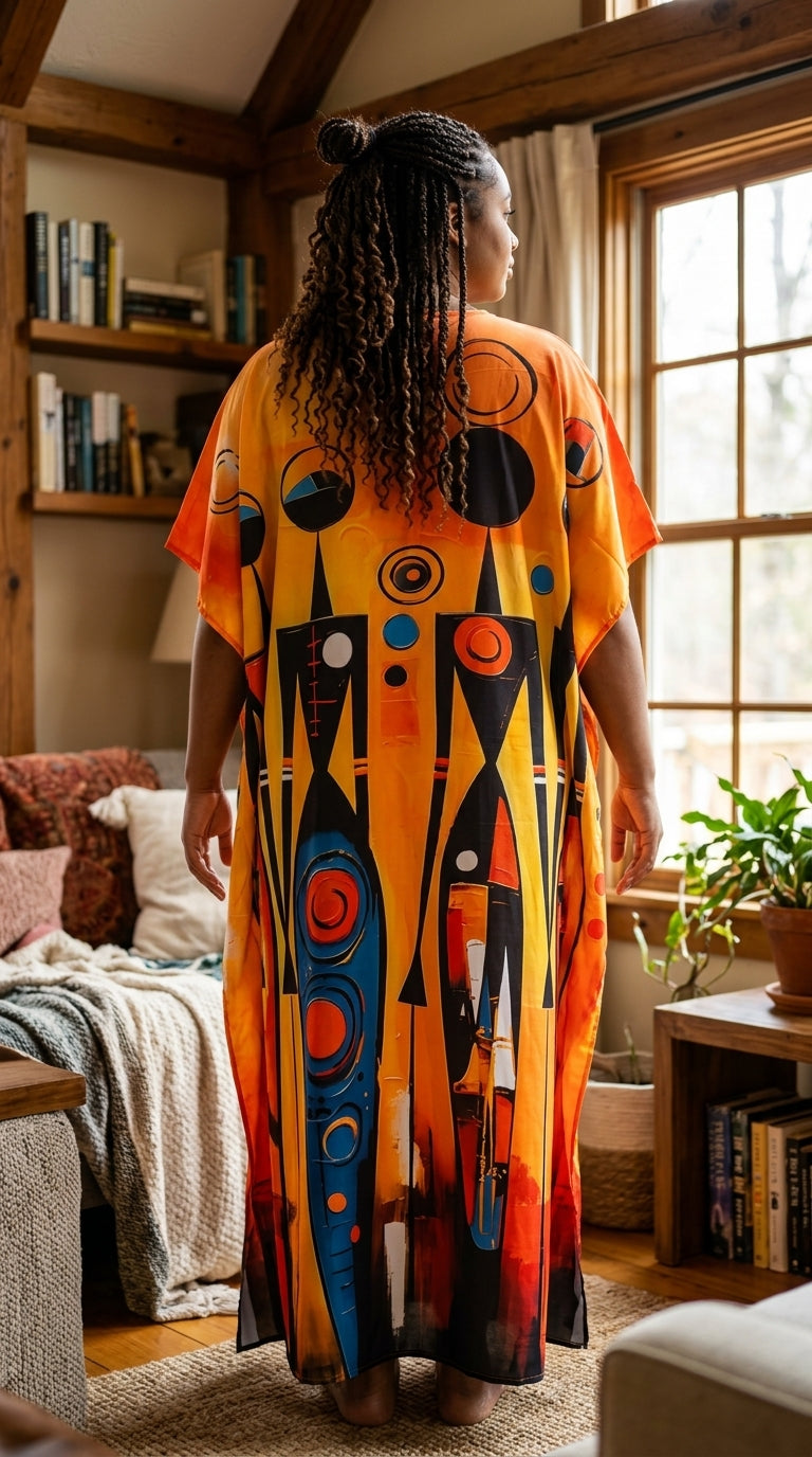 Orange Tribal Polyester Women Plus Size Kaftan Summer Dress