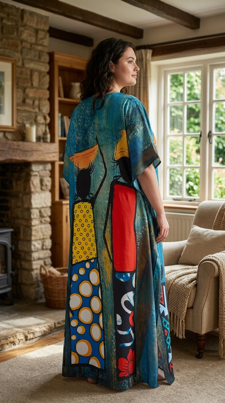 Teal African Tribal Polyester Women Plus Size Kaftan Tropical Dress