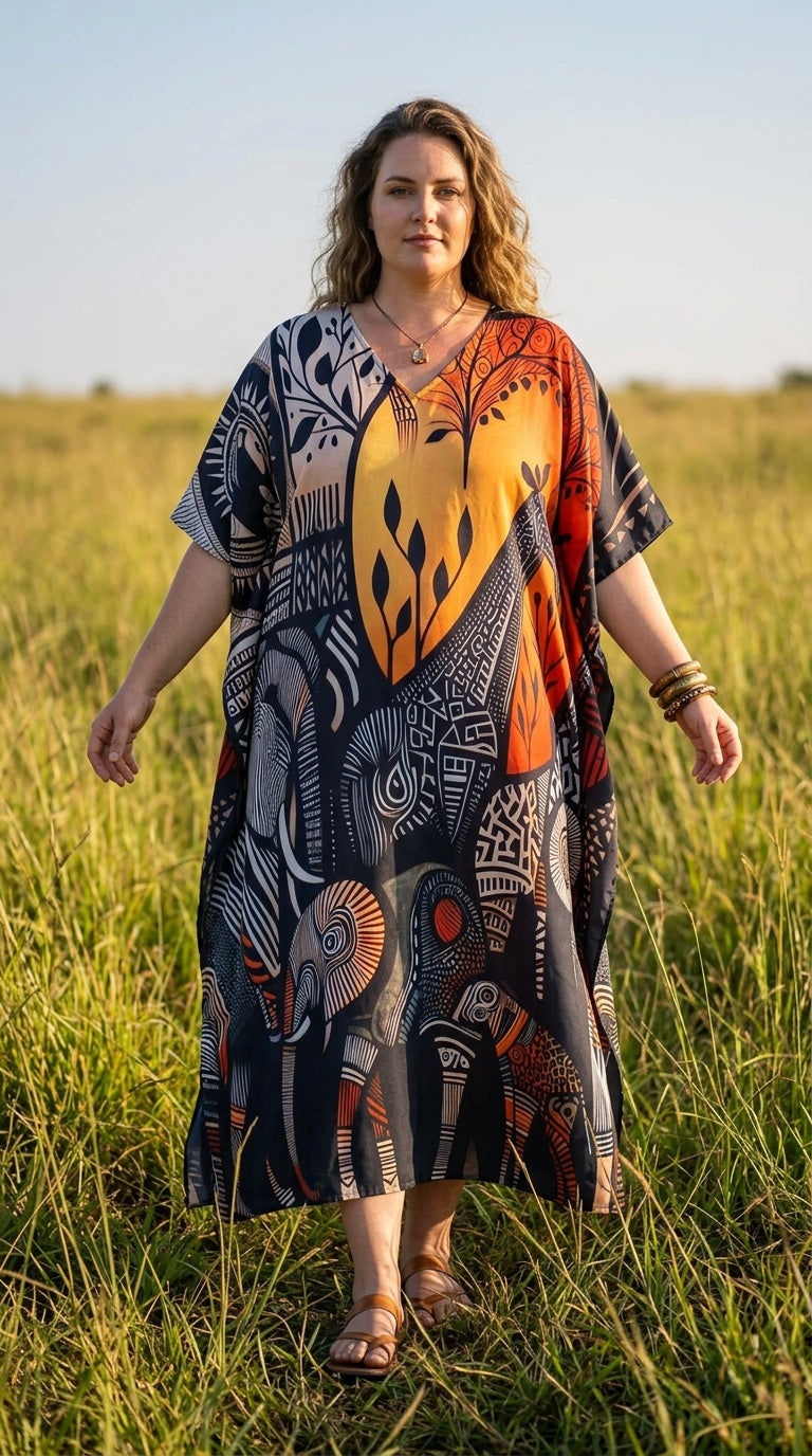 Black Tribal Polyester Women Plus Size Kaftan Summer Dress