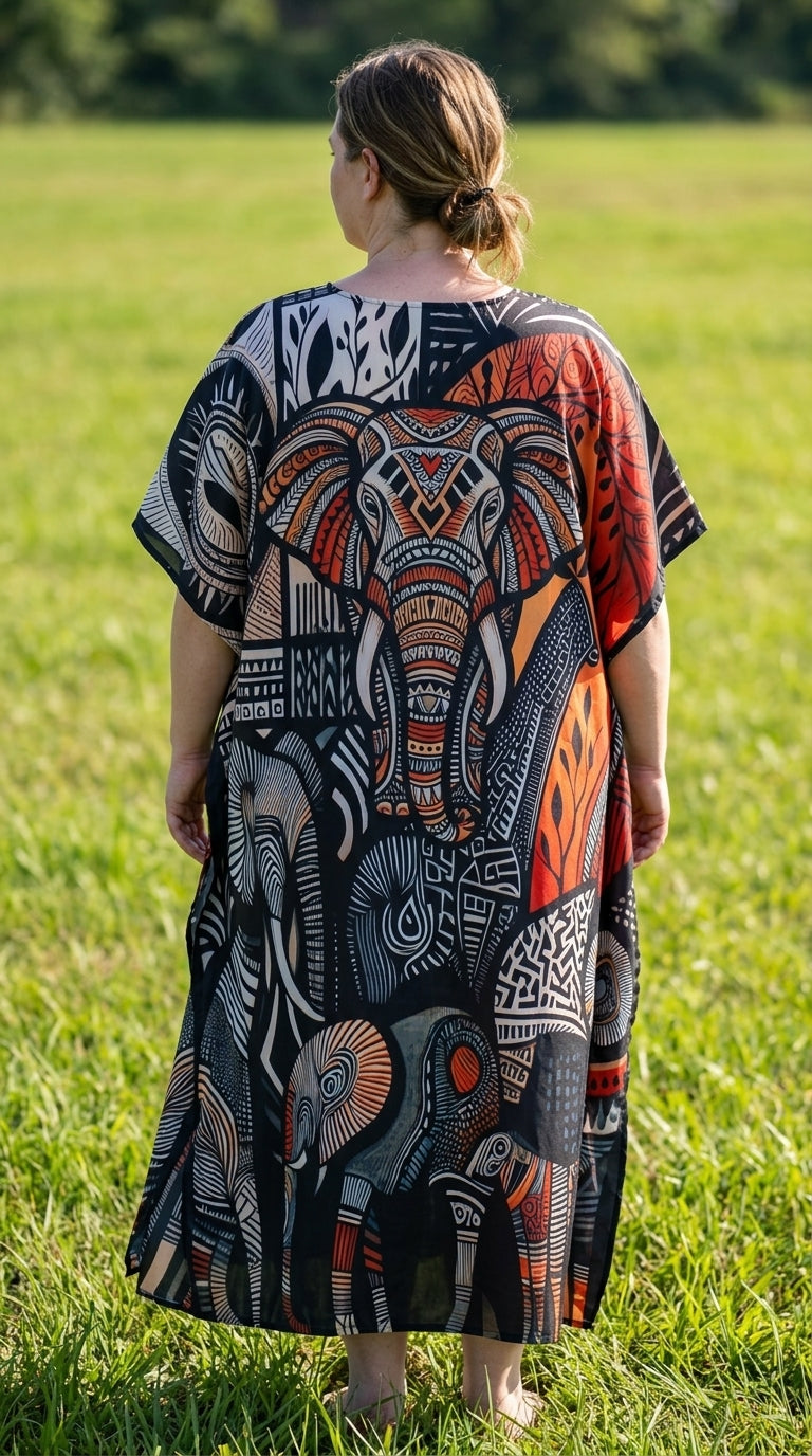 Black Tribal Polyester Women Plus Size Kaftan Summer Dress