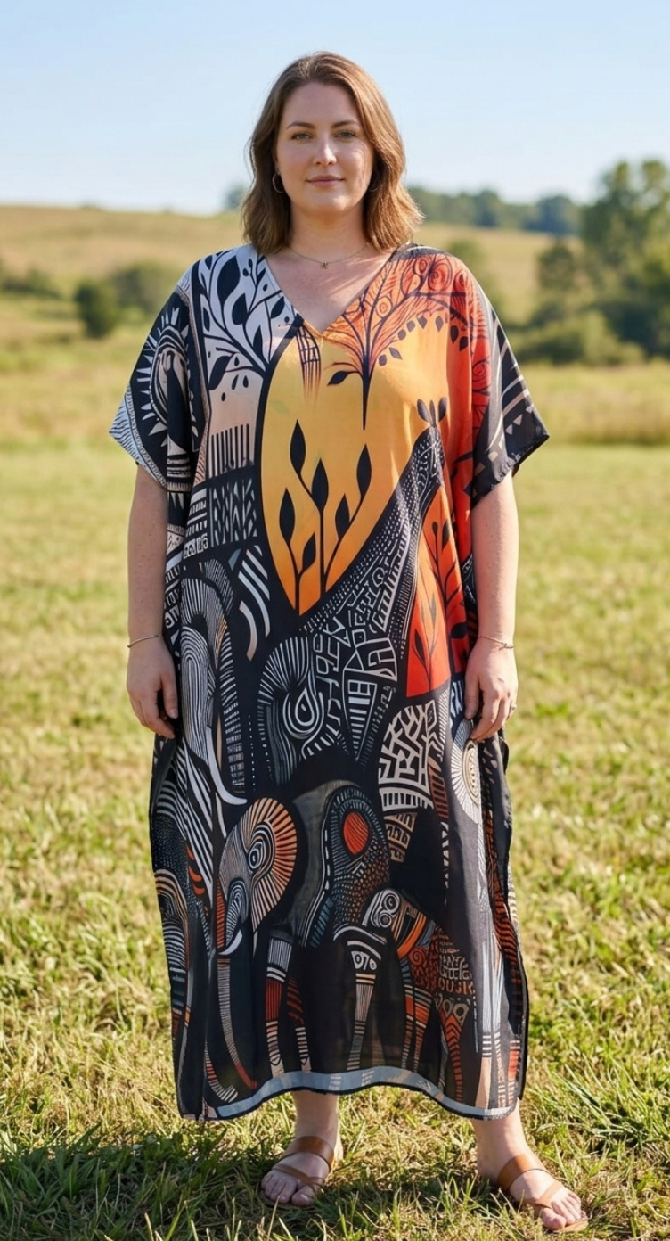 Black Tribal Polyester Women Plus Size Kaftan Summer Dress