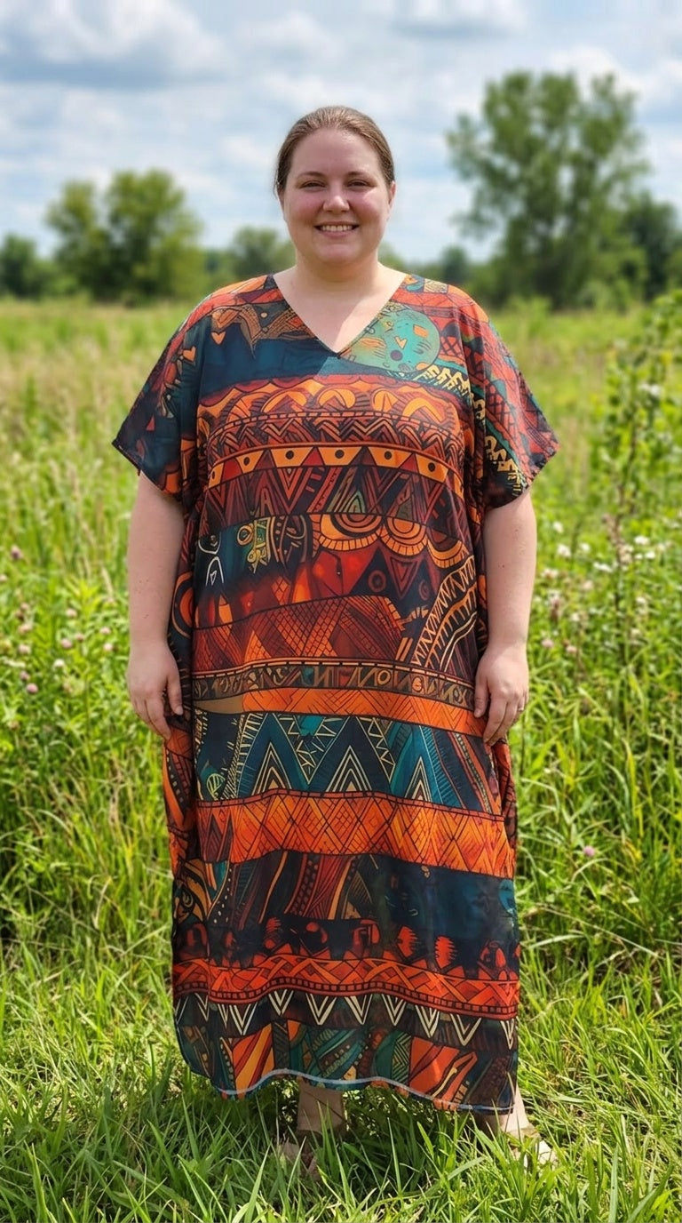 Orange Aztec Stripe Polyester Plus Size Kaftan for Women 1X-3X | GypsieBlu