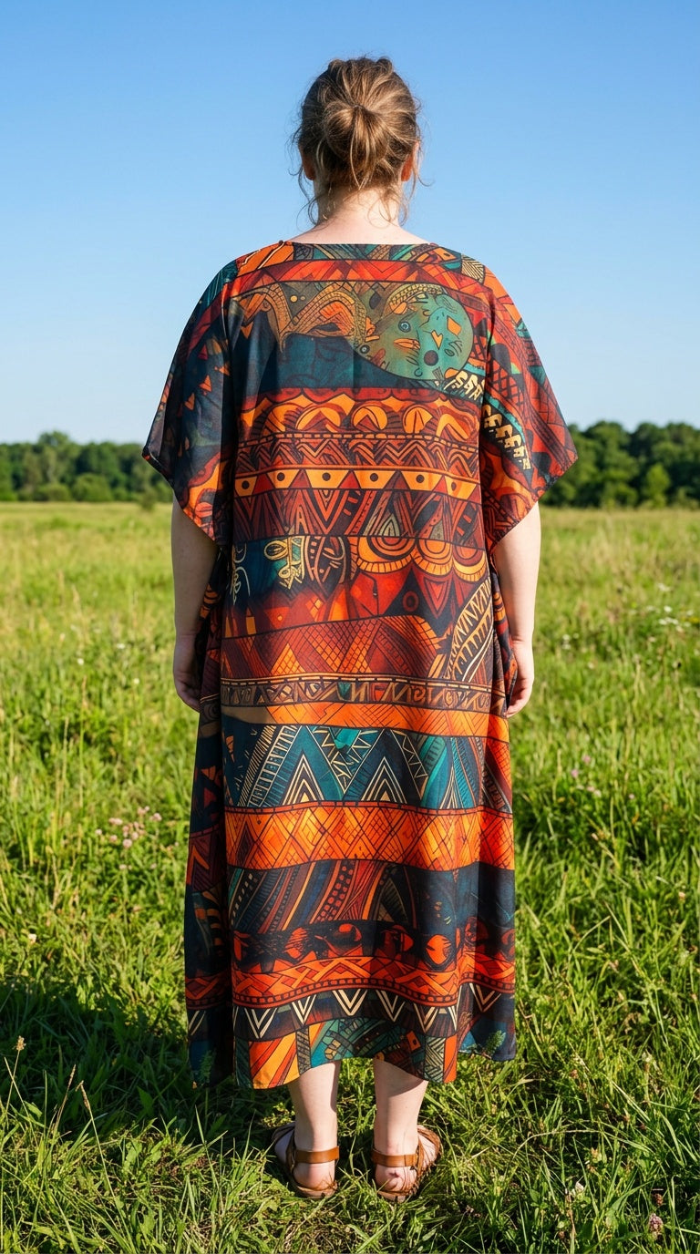Orange Geometric Polyester Women Plus Size Kaftan Tropical Dress