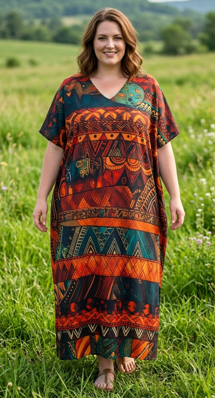 Orange Geometric Polyester Women Plus Size Kaftan Tropical Dress