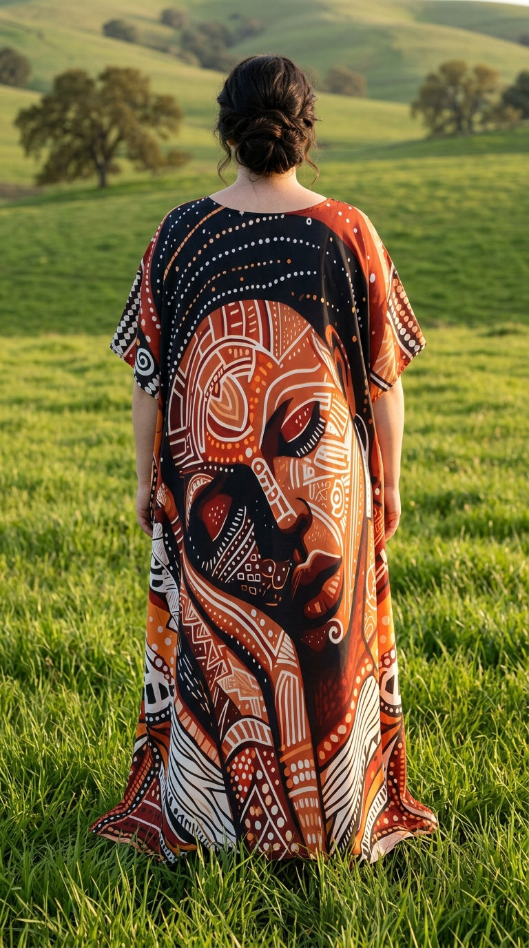Orange Artistic Face Polyester Women Plus Size Kaftan Brunch Dress