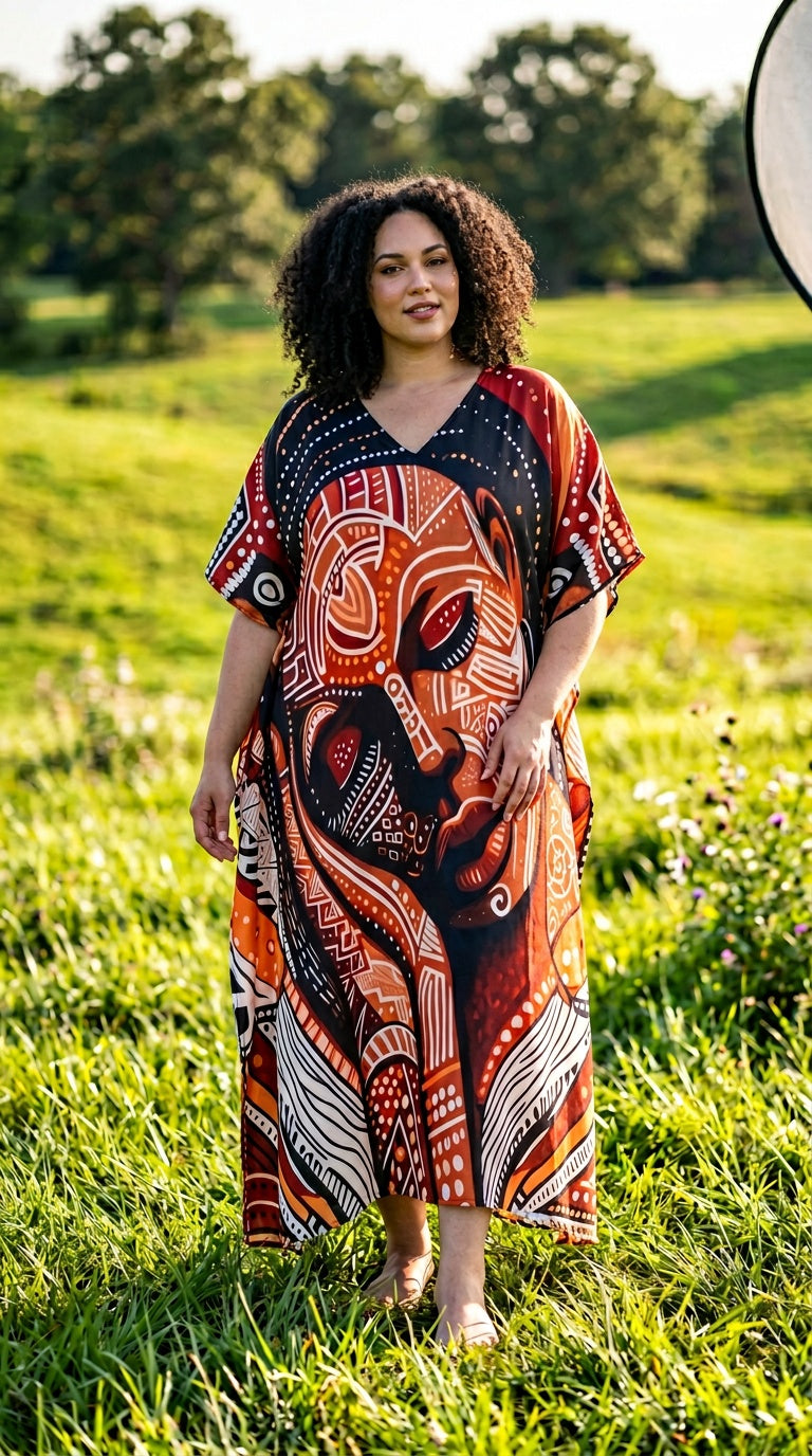 Orange Artistic Face Polyester Women Plus Size Kaftan Brunch Dress