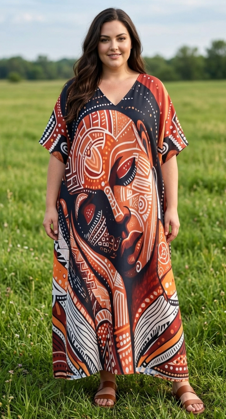 Orange Artistic Face Polyester Women Plus Size Kaftan Brunch Dress