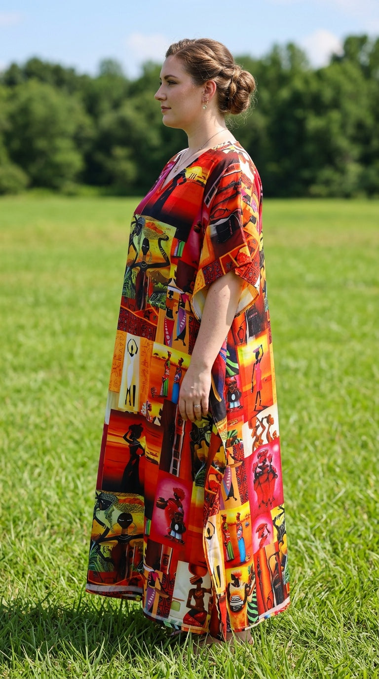 Red Tribal Polyester Women Plus Size Kaftan Party Dress