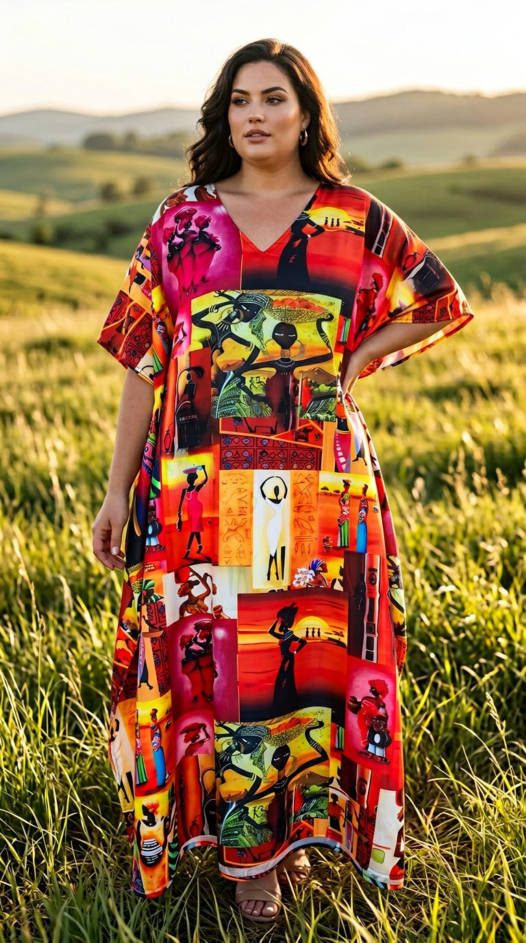 Red African Silhouette Polyester Plus Size Kaftan for Women 1X-3X | GypsieBlu