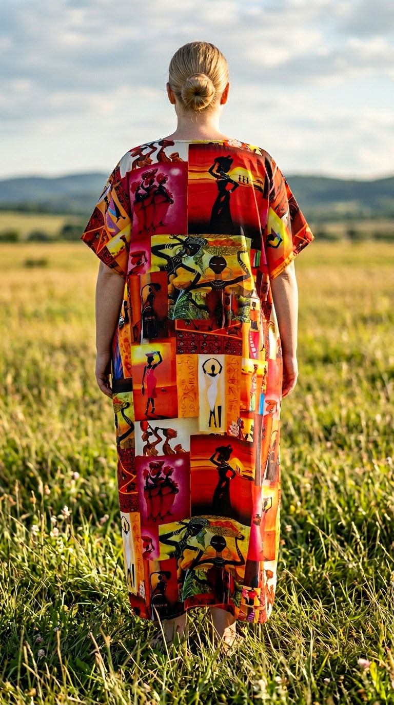 Red Tribal Polyester Women Plus Size Kaftan Party Dress