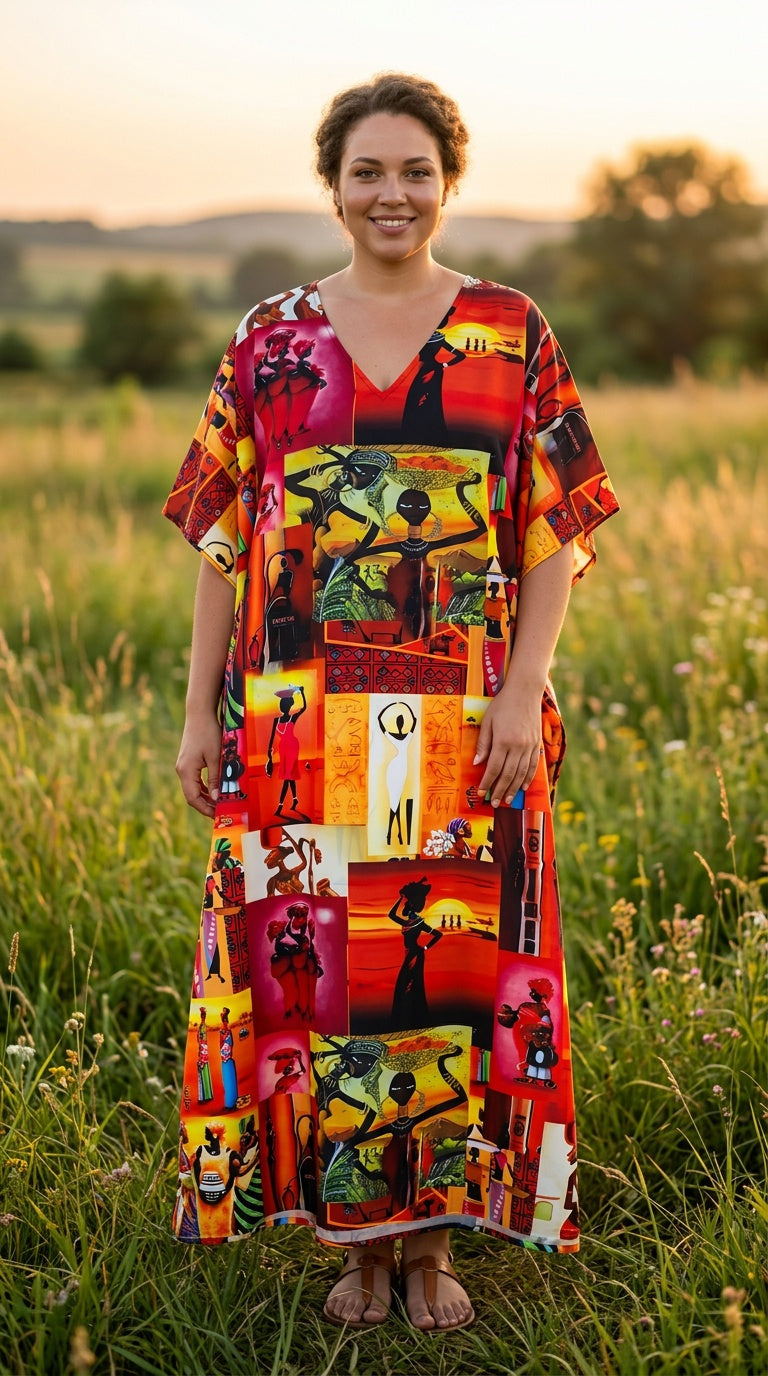 Red African Silhouette Polyester Plus Size Kaftan for Women 1X-3X | GypsieBlu