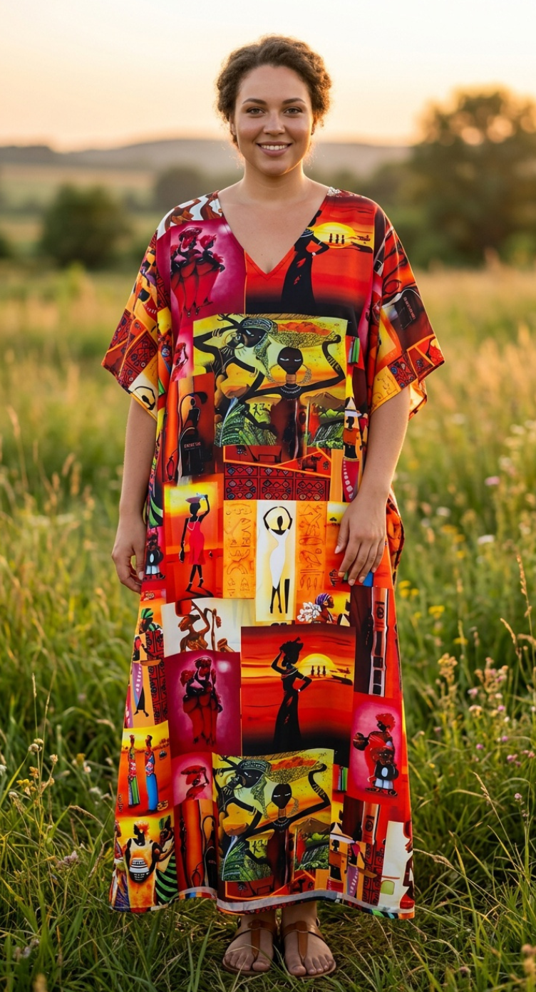 Red Tribal Polyester Women Plus Size Kaftan Party Dress