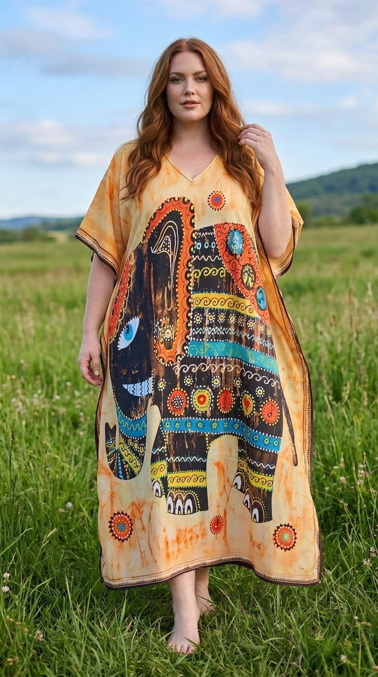 Light Beige Animal Print Polyester Women Plus Size Kaftan Resort Dress