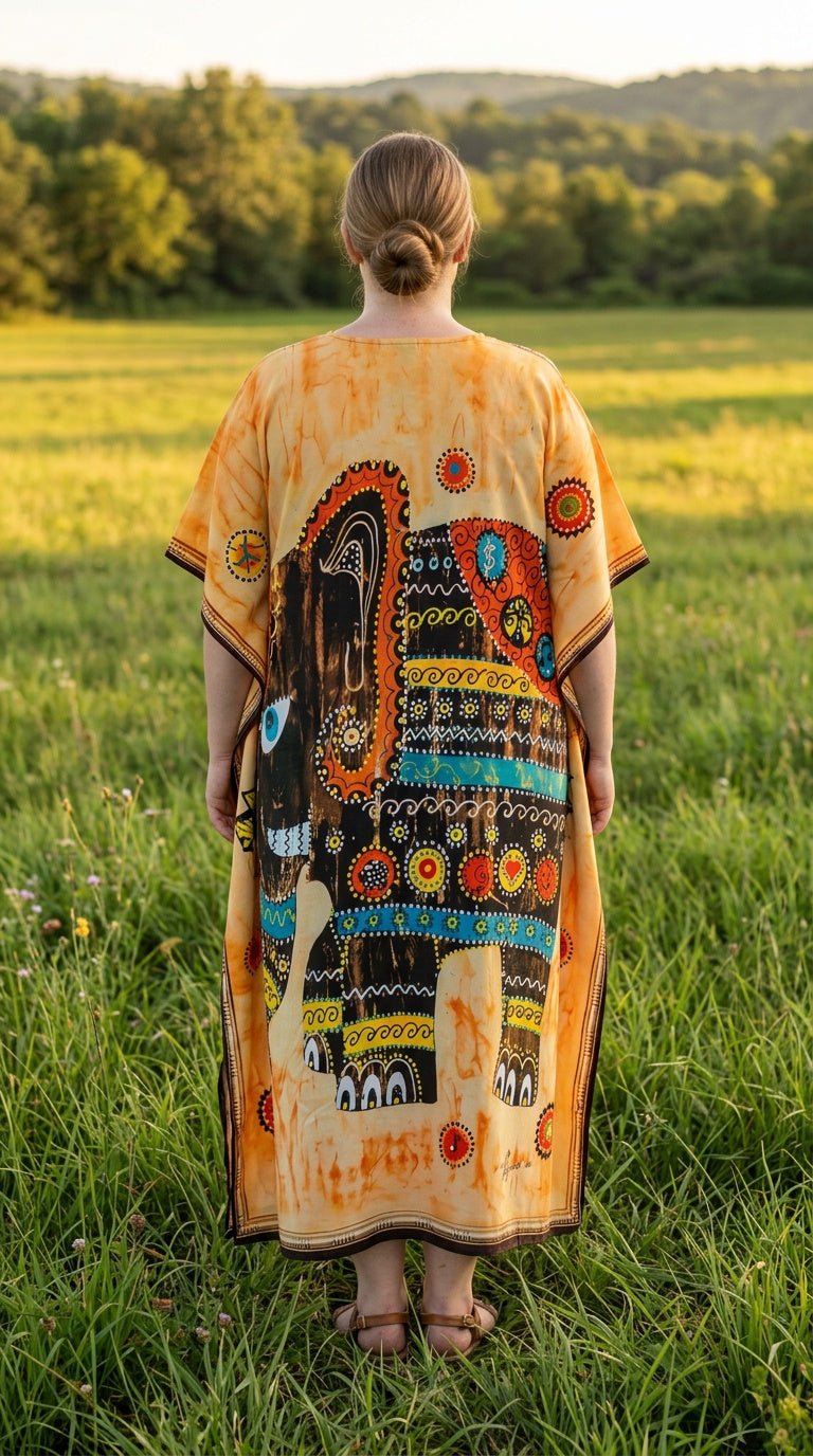 Light Beige Animal Print Polyester Women Plus Size Kaftan Resort Dress