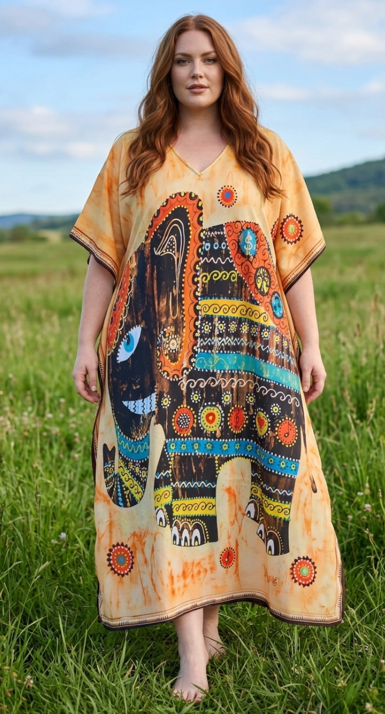 Light Beige Animal Print Polyester Women Plus Size Kaftan Resort Dress