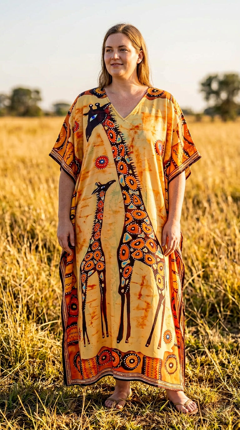 Yellow Animal Print Polyester Women Plus Size Kaftan Vacation Dress