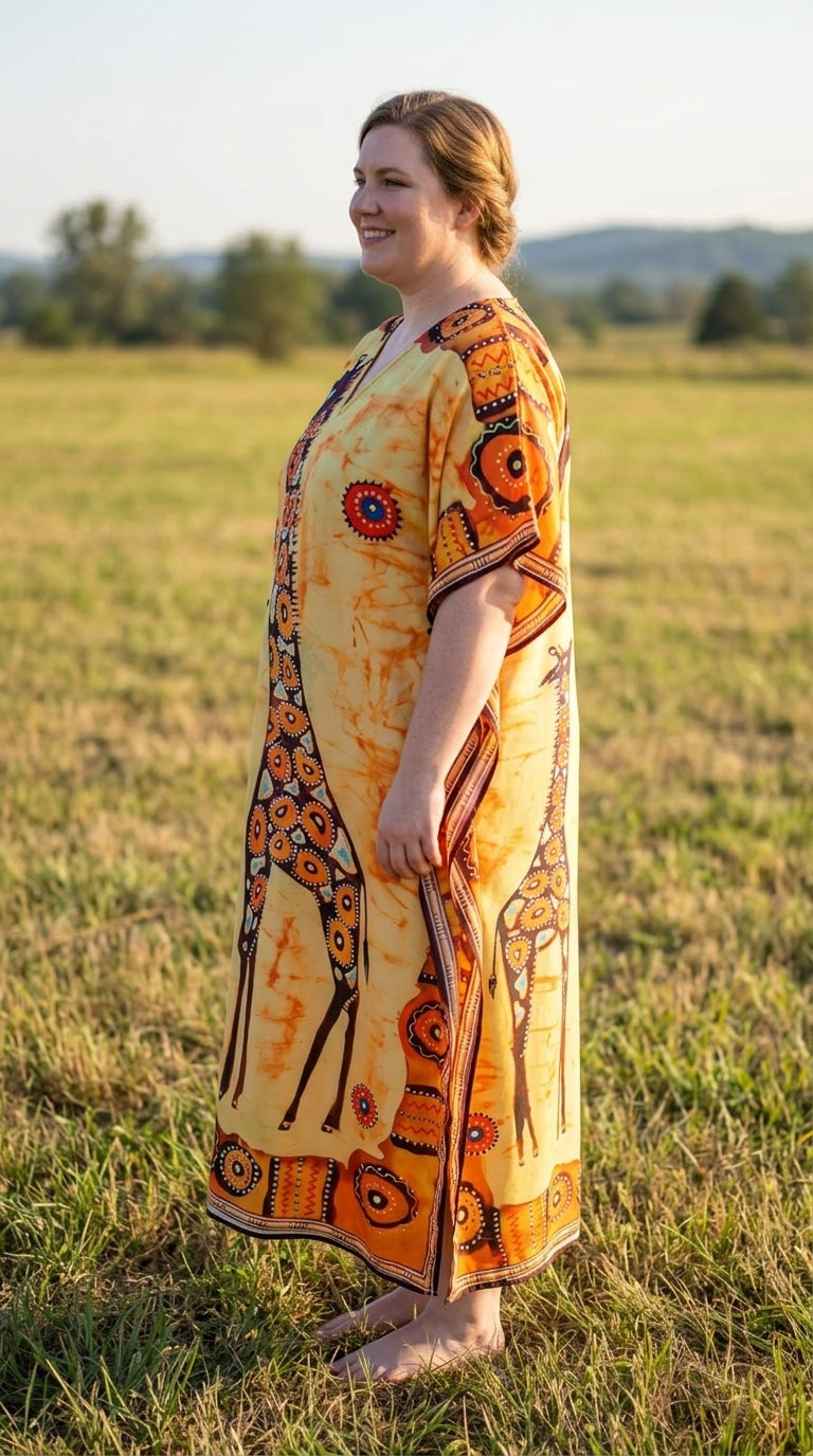 Yellow Animal Print Polyester Women Plus Size Kaftan Vacation Dress