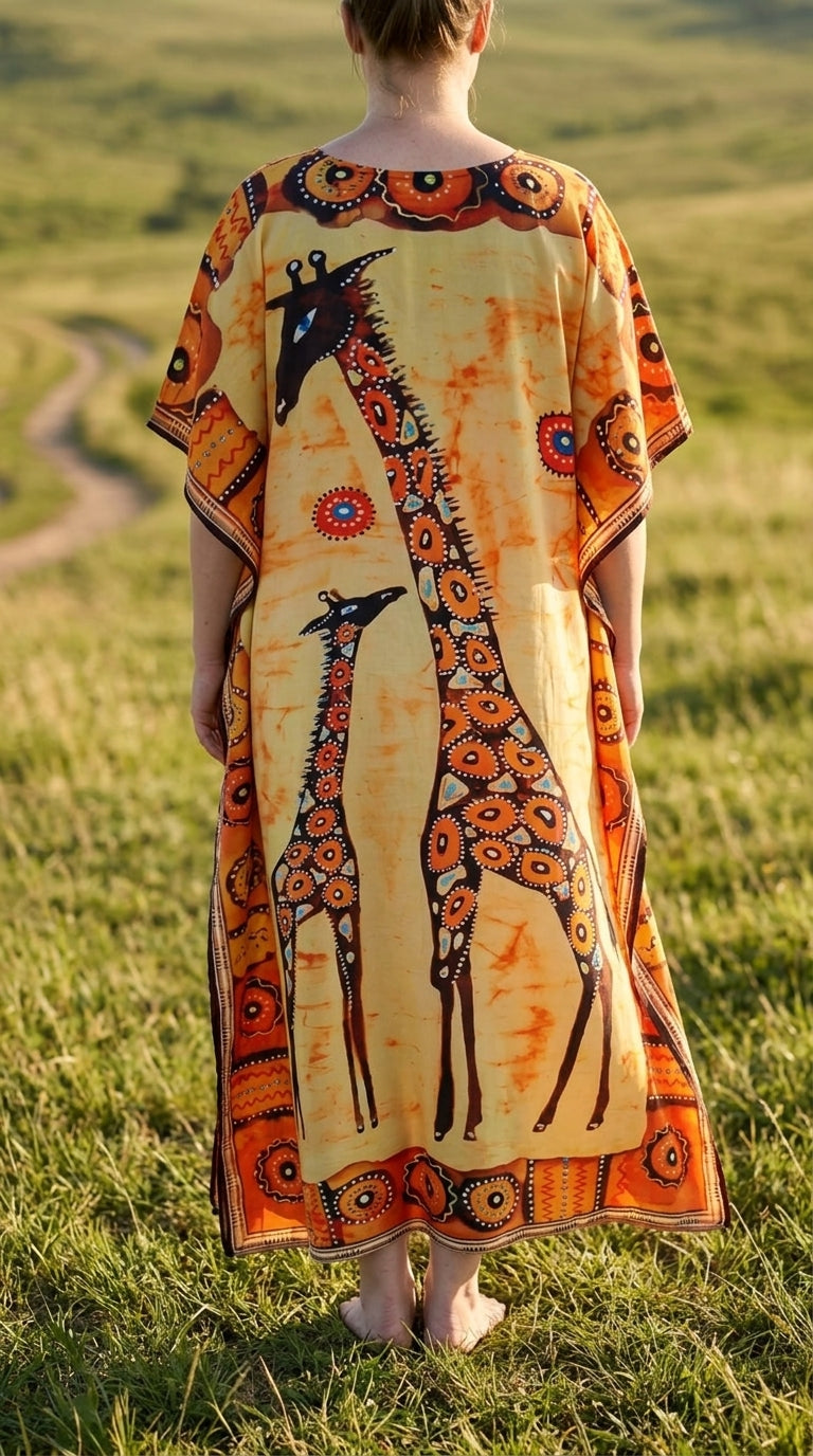 Yellow Animal Print Polyester Women Plus Size Kaftan Vacation Dress