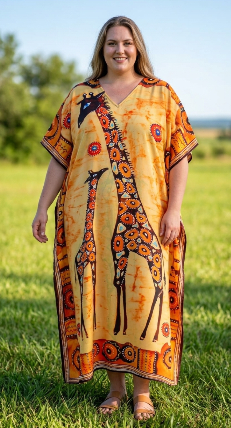 Yellow Animal Print Polyester Women Plus Size Kaftan Vacation Dress