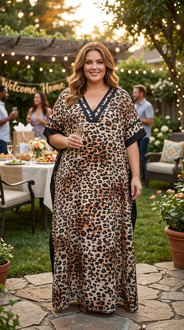 Beige Leopard Print Polyester Women Plus Size Kaftan Beach Dress