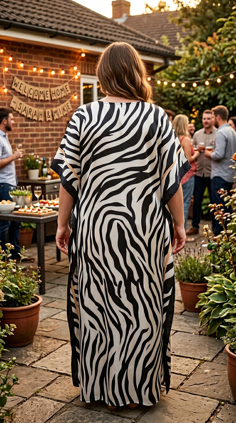 Black White Animal Print Polyester Women Plus Size Kaftan Vacation Dress