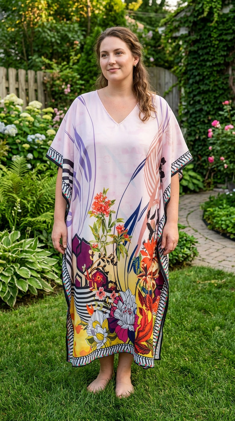 Pastel Pink Floral Polyester Kaftan For Women Plus Size 1X-3X | Gypsie Blu Pastel Pink Floral Polyester Kaftan For Women Plus Size 1X-3X | Gypsie Blu