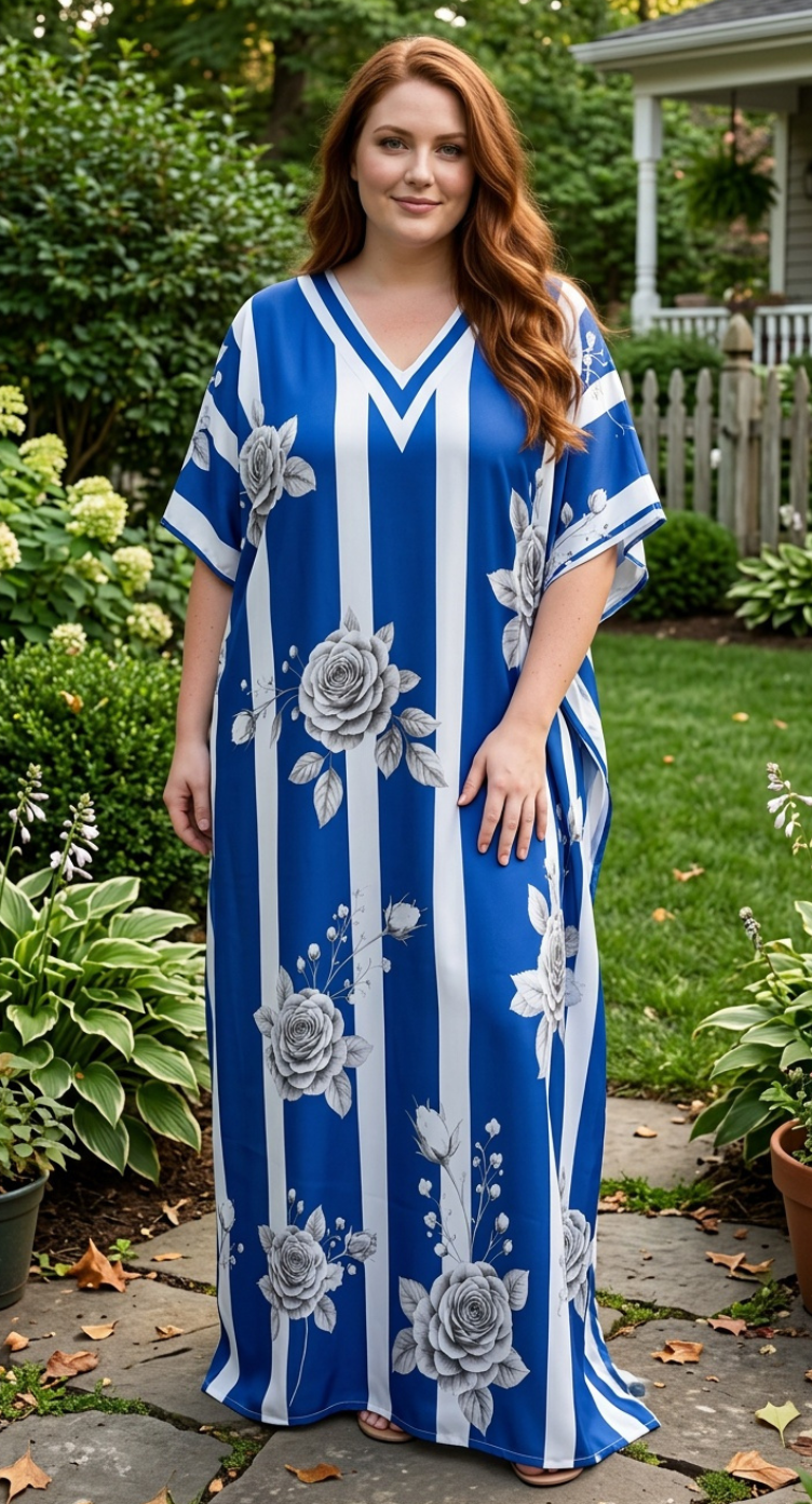 Royal Blue Striped Polyester Women Plus Size Kaftan Vacation Dress