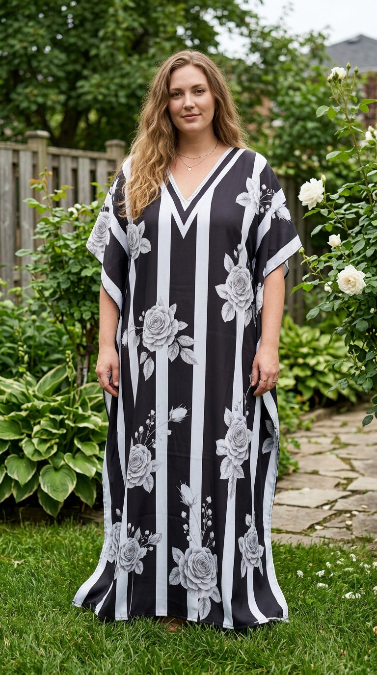 Black Striped Polyester Women Plus Size Kaftan Evening Dress