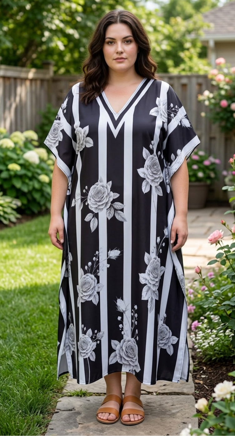 Black Striped Polyester Women Plus Size Kaftan Evening Dress