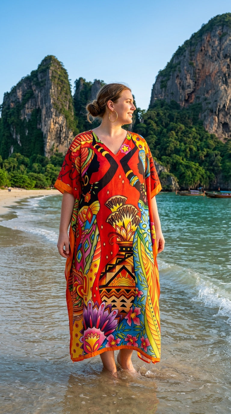 Orange Boho Polyester Women Plus Size Kaftan Vacation Dress