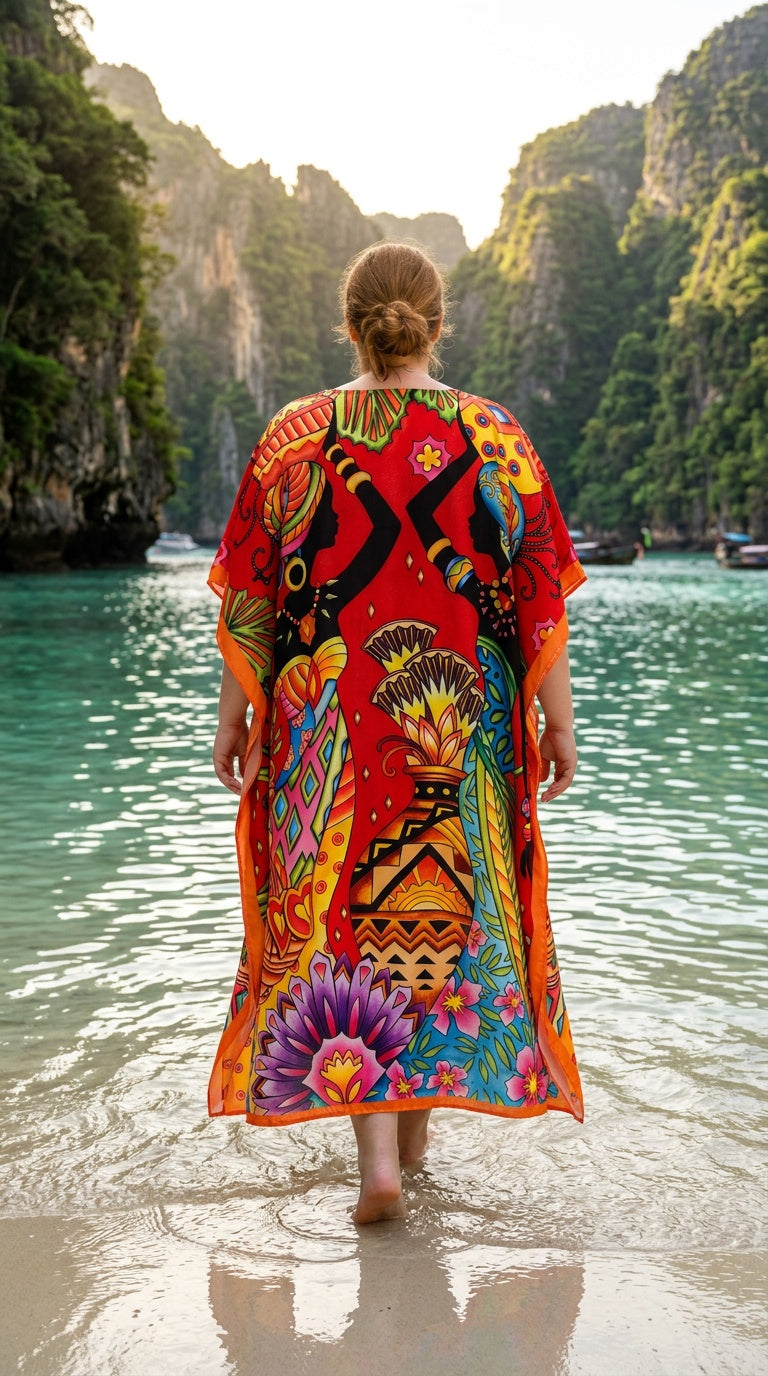 Orange Boho Polyester Women Plus Size Kaftan Vacation Dress