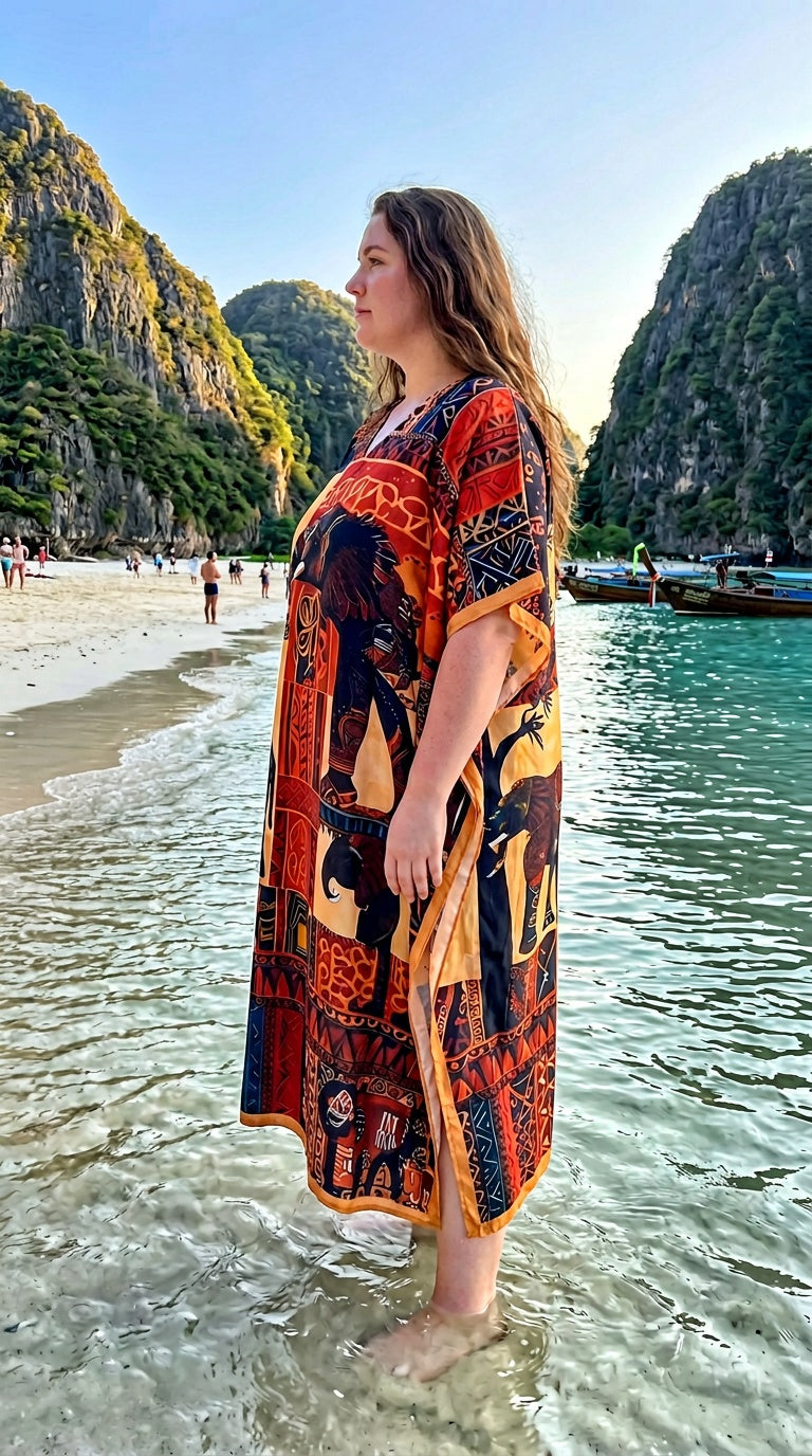 Rust Orange African Print Polyester Women Plus Size Kaftan Cruise Dress