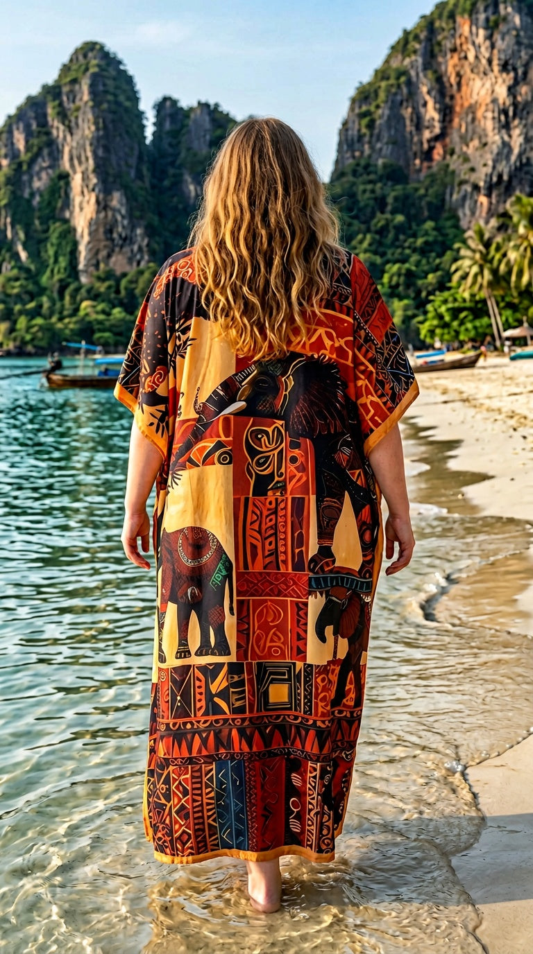 Rust Orange African Print Polyester Women Plus Size Kaftan Cruise Dress