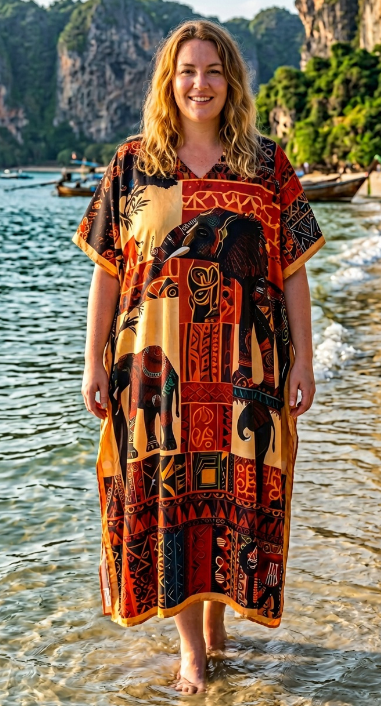 Rust Orange African Print Polyester Women Plus Size Kaftan Cruise Dress