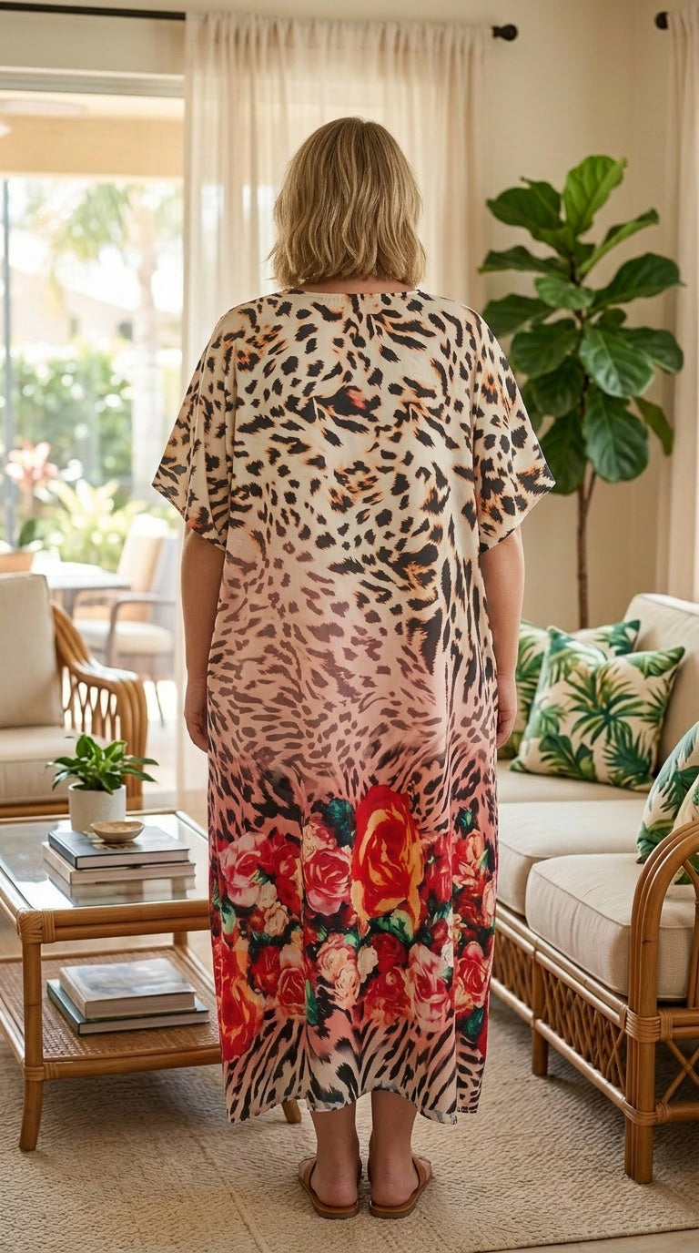 Beige Leopard Print Polyester Women Plus Size Kaftan Travel Dress