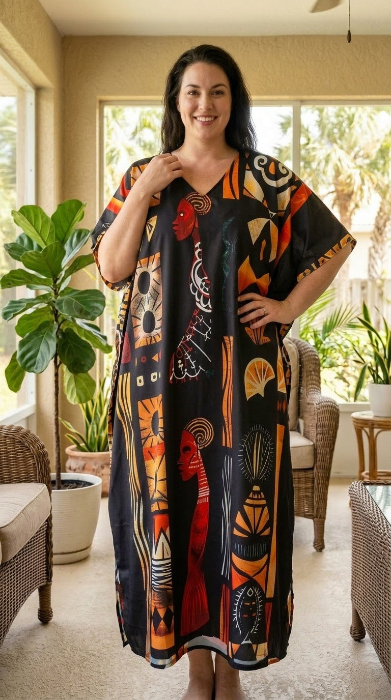 Black Tribal Polyester Women Plus Size Kaftan Evening Dress - SKU SG152-9304 - Gypsie Blu