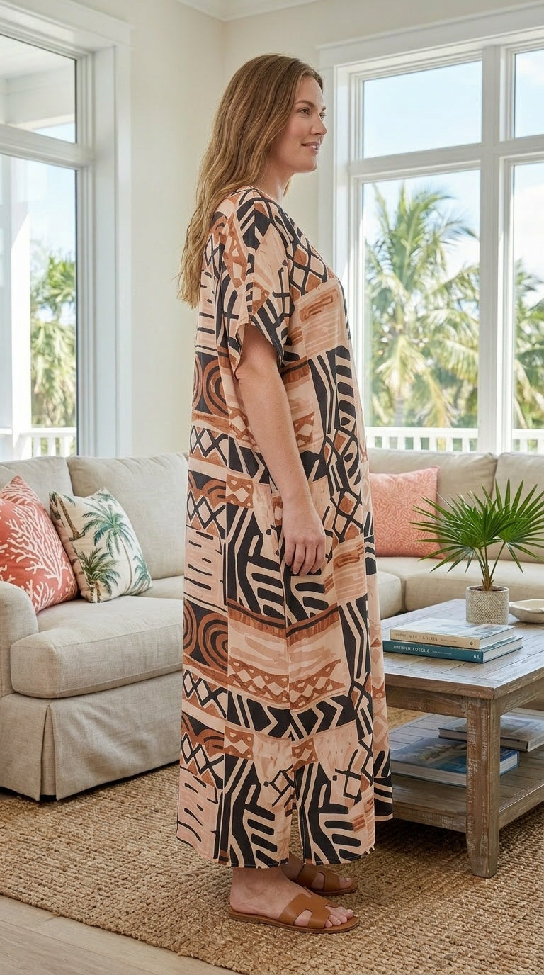 Beige Geometric Polyester Women Plus Size Kaftan Casual Dress - SKU SG152-9305 - Gypsie Blu