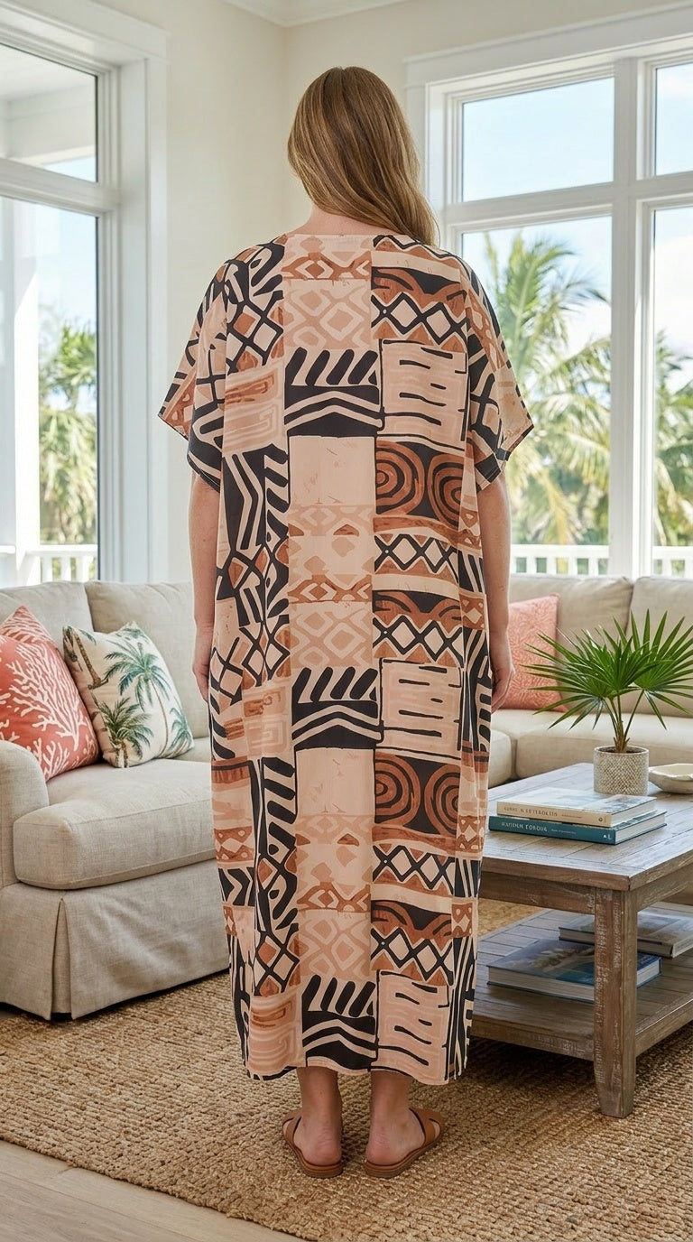 Beige Geometric Polyester Women Plus Size Kaftan Casual Dress