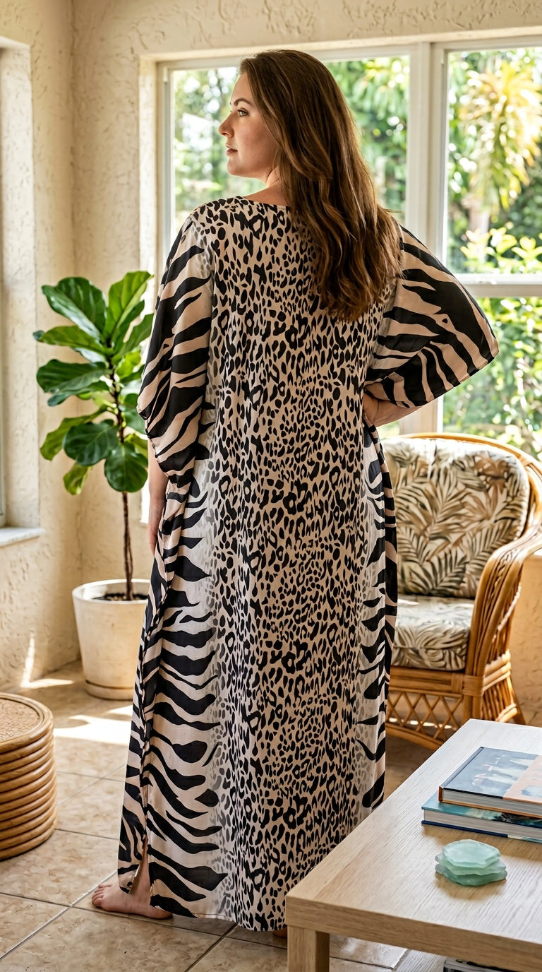 Cream Animal Print Polyester Women Plus Size Kaftan Tropical Dress