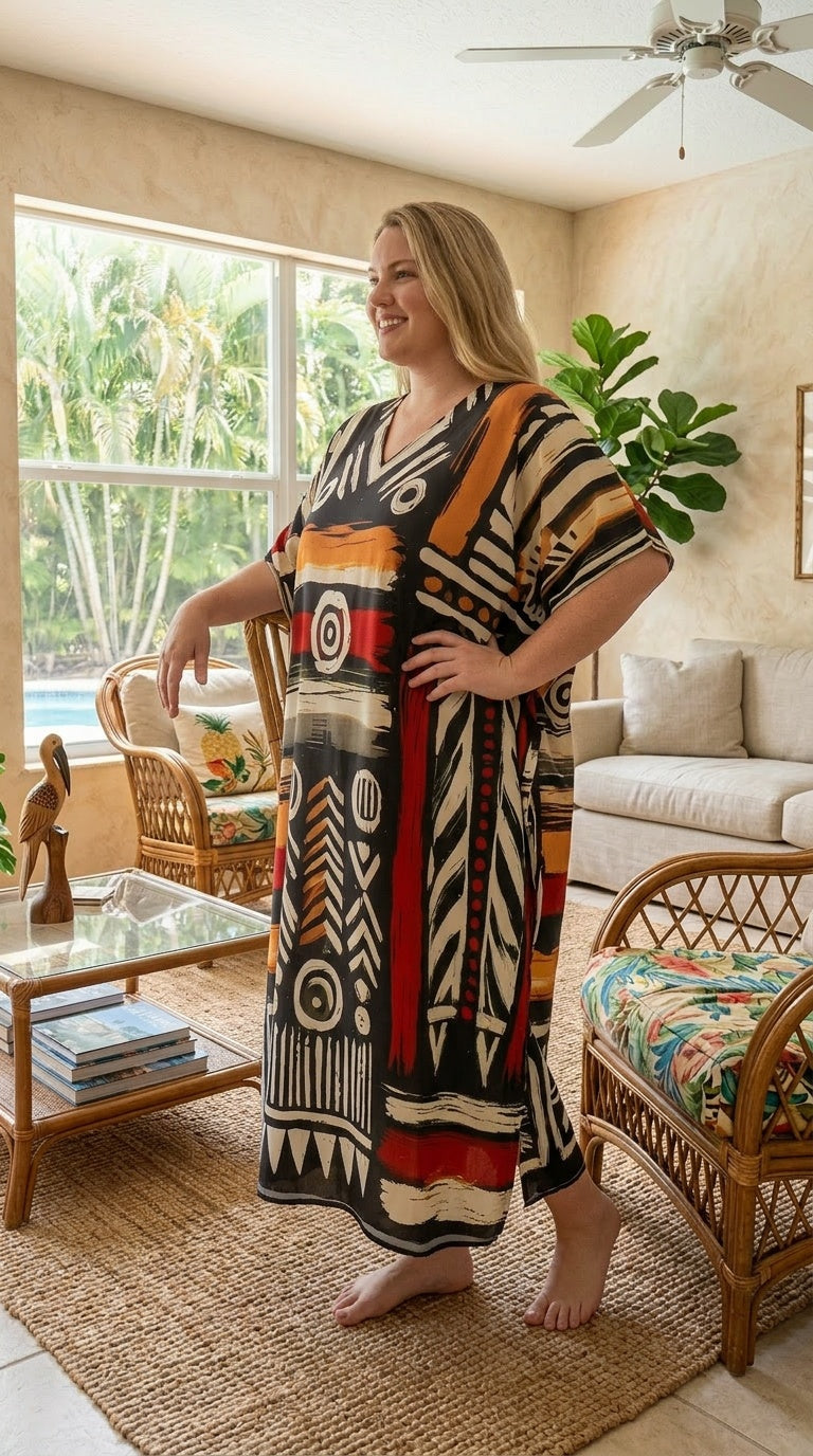 Black Geometric Polyester Women Plus Size Kaftan Holiday Dress - SKU SG152-9308 - Gypsie Blu