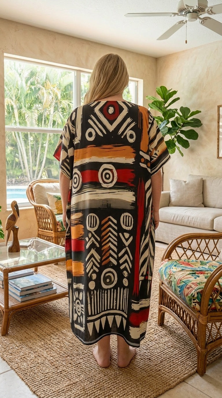 Black Geometric Polyester Women Plus Size Kaftan Holiday Dress