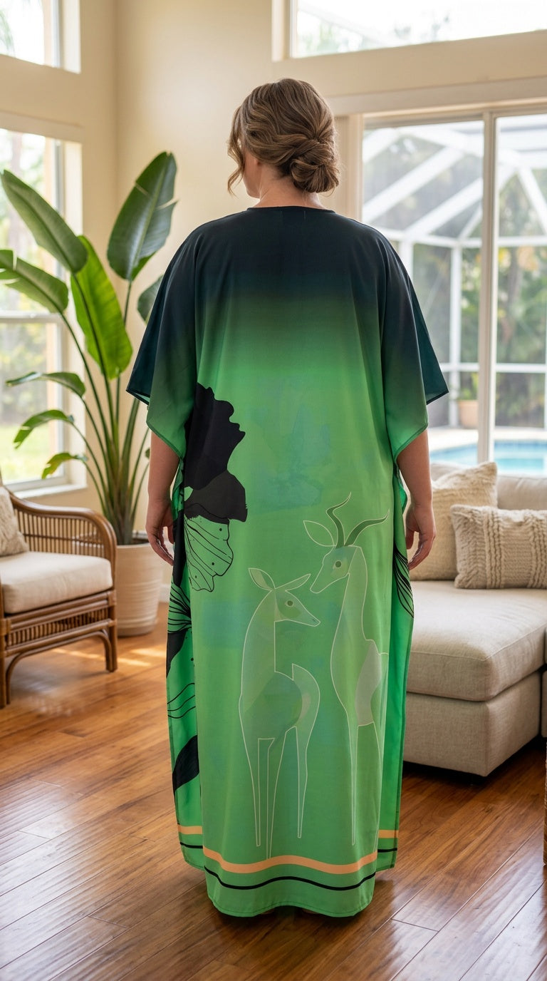 Green Ombre Polyester Women Plus Size Kaftan Resort Dress