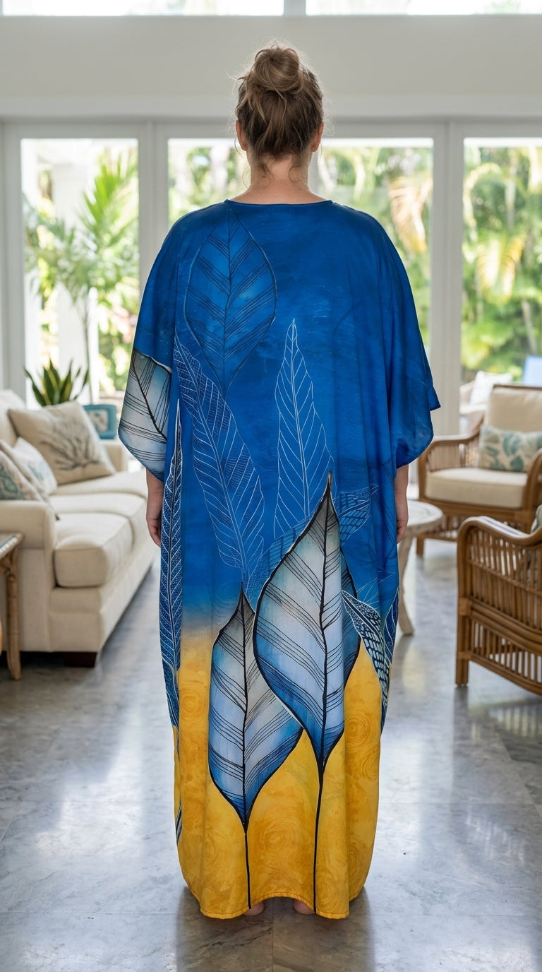 Blue Leaf Print Polyester Women Plus Size Kaftan Vacation Dress