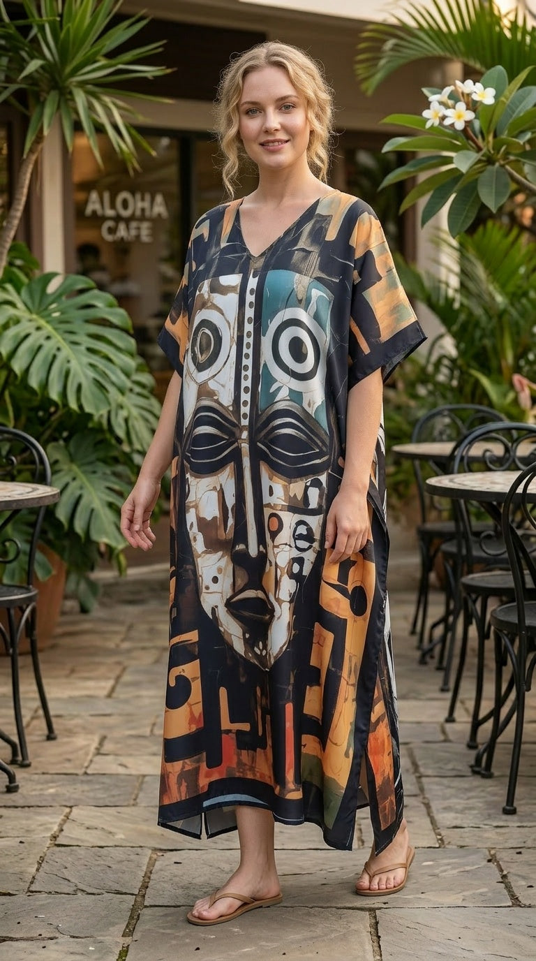 Black Orange Tribal Mask Polyester Women Plus Size Kaftan Evening Dress - SKU SG152-9316 - Gypsie Blu