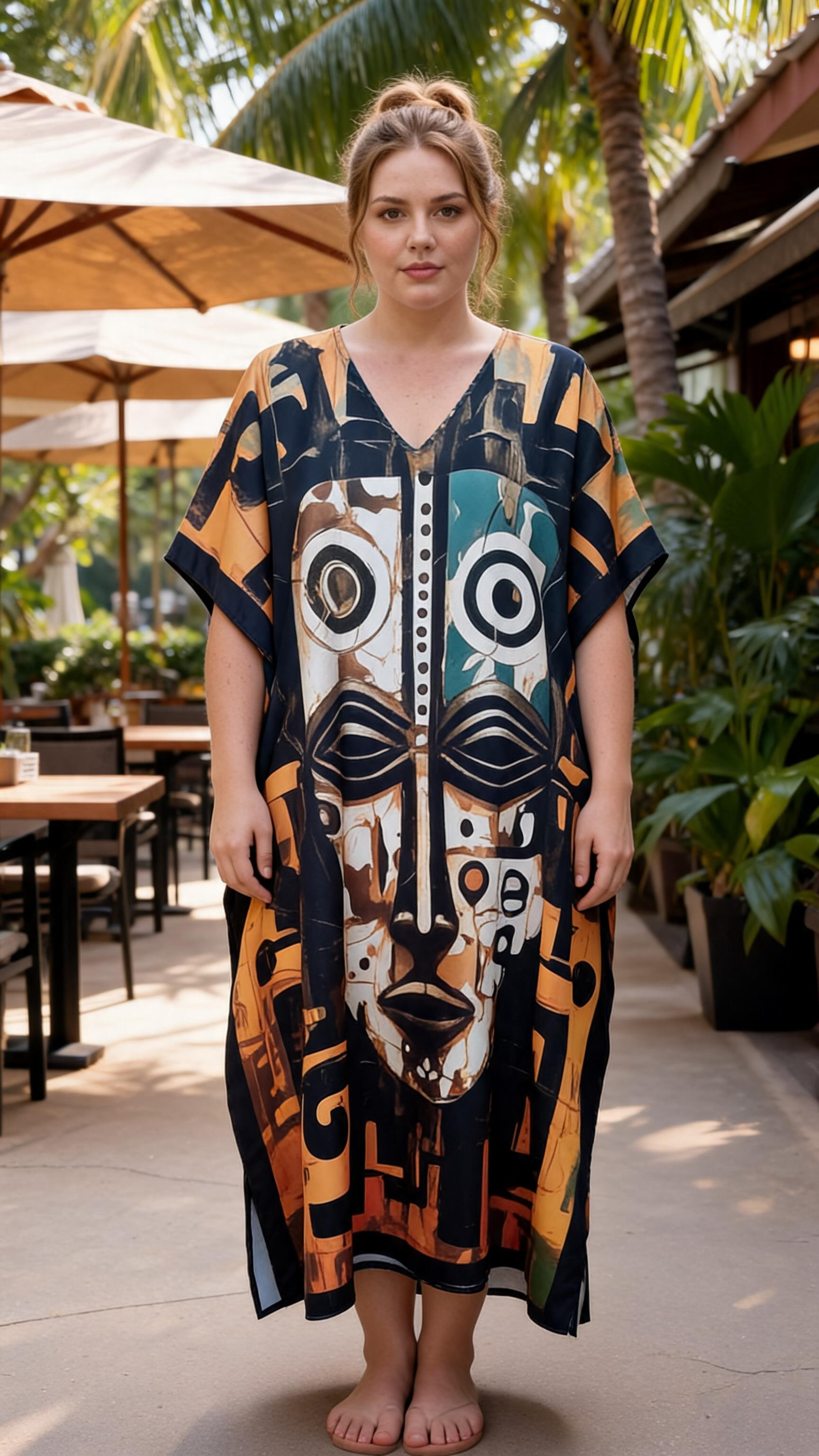 Black Orange Tribal Mask Polyester Women Plus Size Kaftan Evening Dress - SKU SG152-9316 - Gypsie Blu