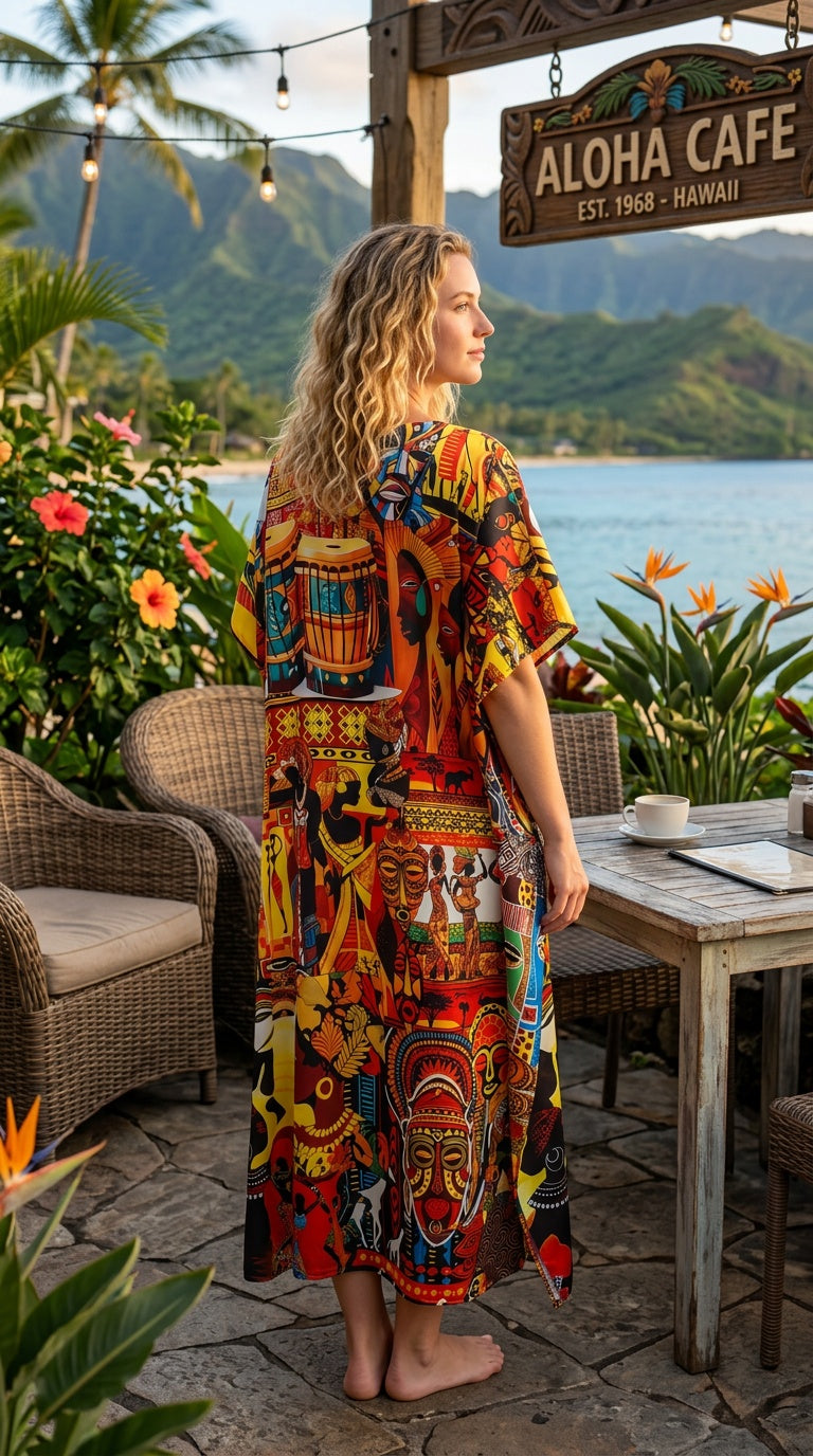 Multicolor Tribal Polyester Women Plus Size Kaftan Resort Dress