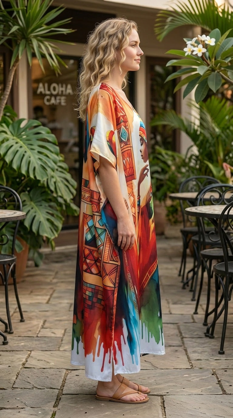 White Orange African Print Polyester Women Plus Size Kaftan Summer Dress