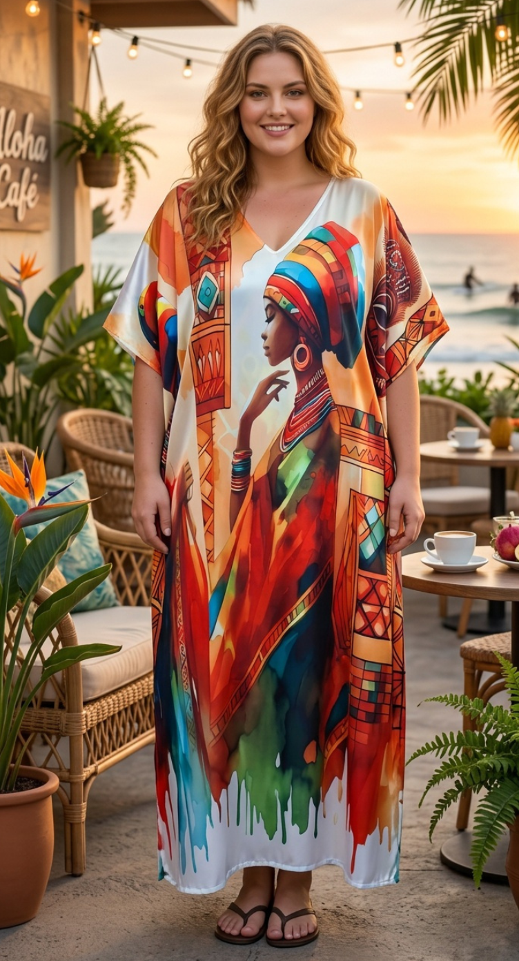 White Orange African Print Polyester Women Plus Size Kaftan Summer Dress